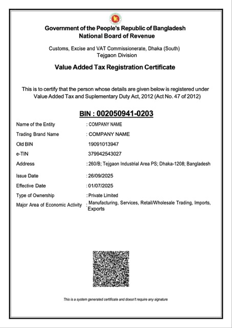 Bangladesh VAT registration certificate Word and PDF template, version 2